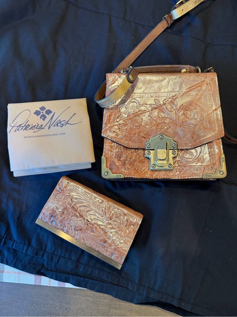 Patricia Nash Metallic Rose Gold Tooled Leather Crossbody with Wallet Set